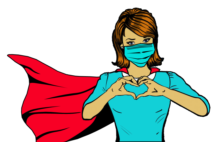 masked nurse in cape with hands in shape of heart - artwork